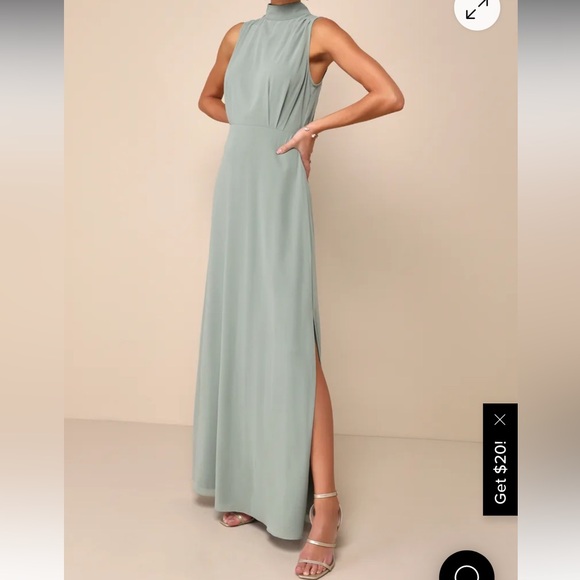Lulu's Classic Elegance Sage Chiffon Sleeveless Mock Neck Maxi Dress - Picture 4 of 10